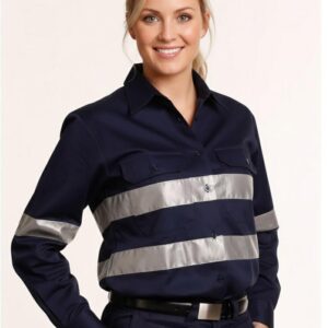 Ladies HiVis Cotton Drill Long Sleeves Work Shirt with 3M Reflective Taps