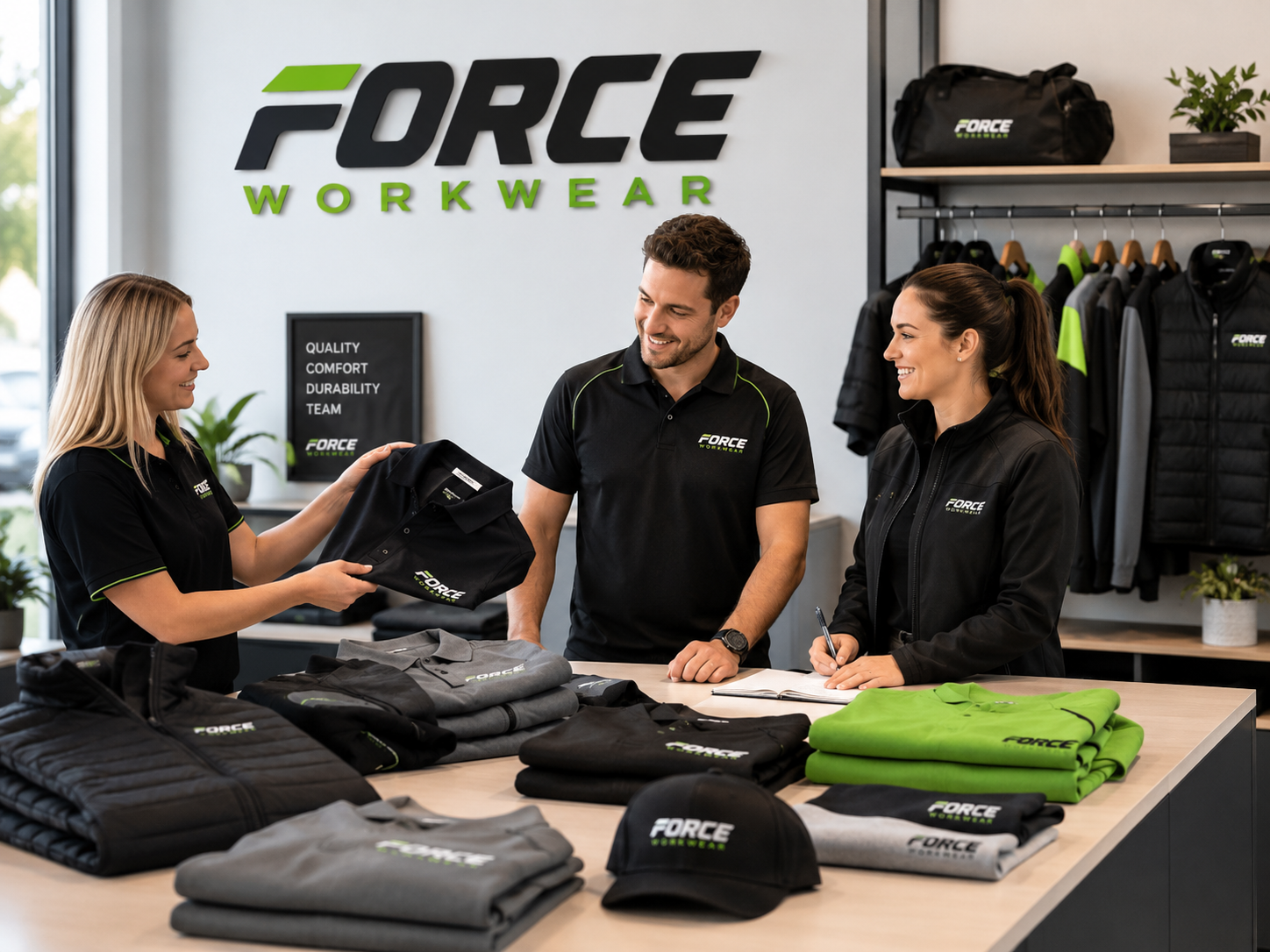 Force Workwear team preparing branded uniforms and workwear