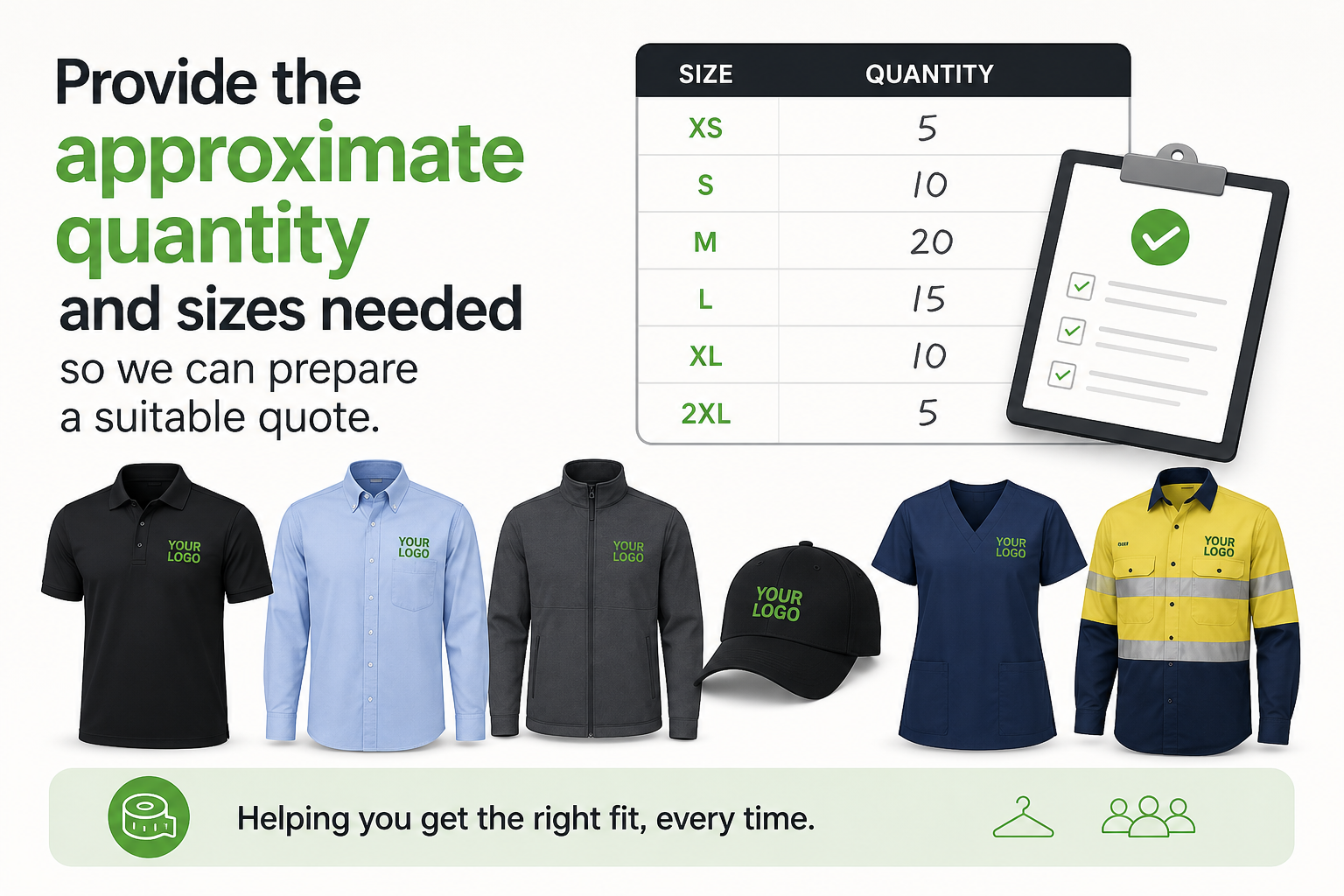 approximate quantity and sizes